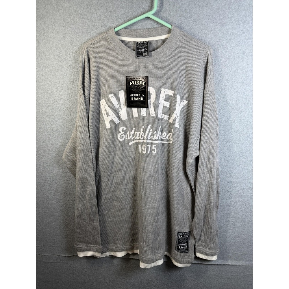 Avirex Shirt Mens Large Gray Thermal Waffle Knit Long Sleeve Logo Graphic Casual